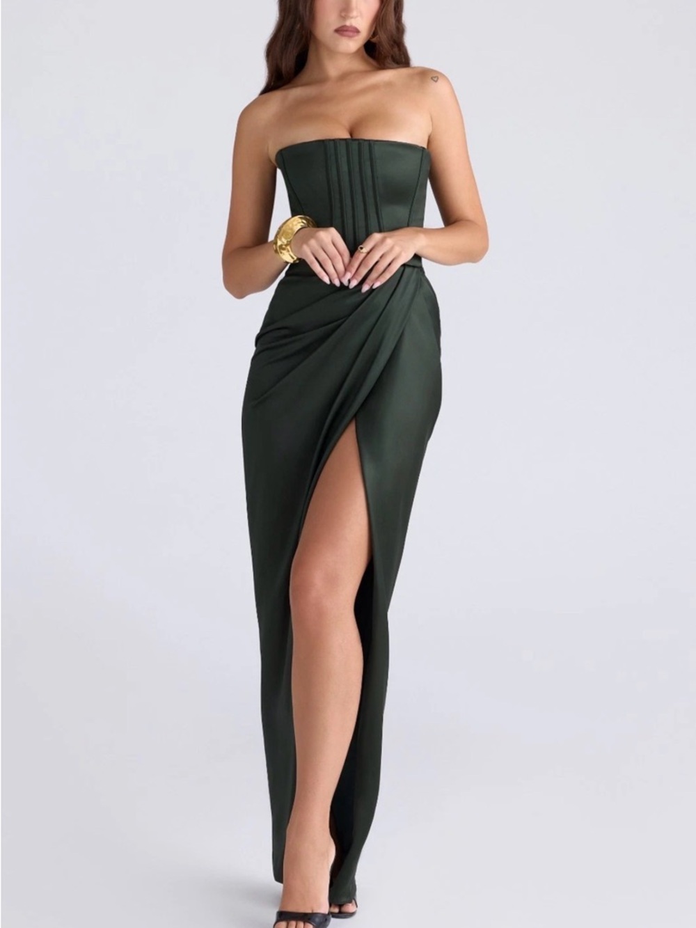 Strapless Dark Green Draped Column Dress